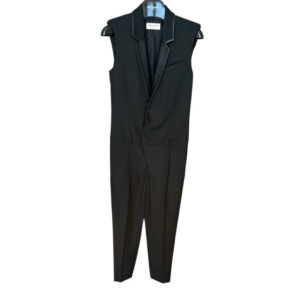 Saint Laurent Tuxedo Jumpsuit size FR 34 Black Wool Leather trim Pants - Picture 11 of 11